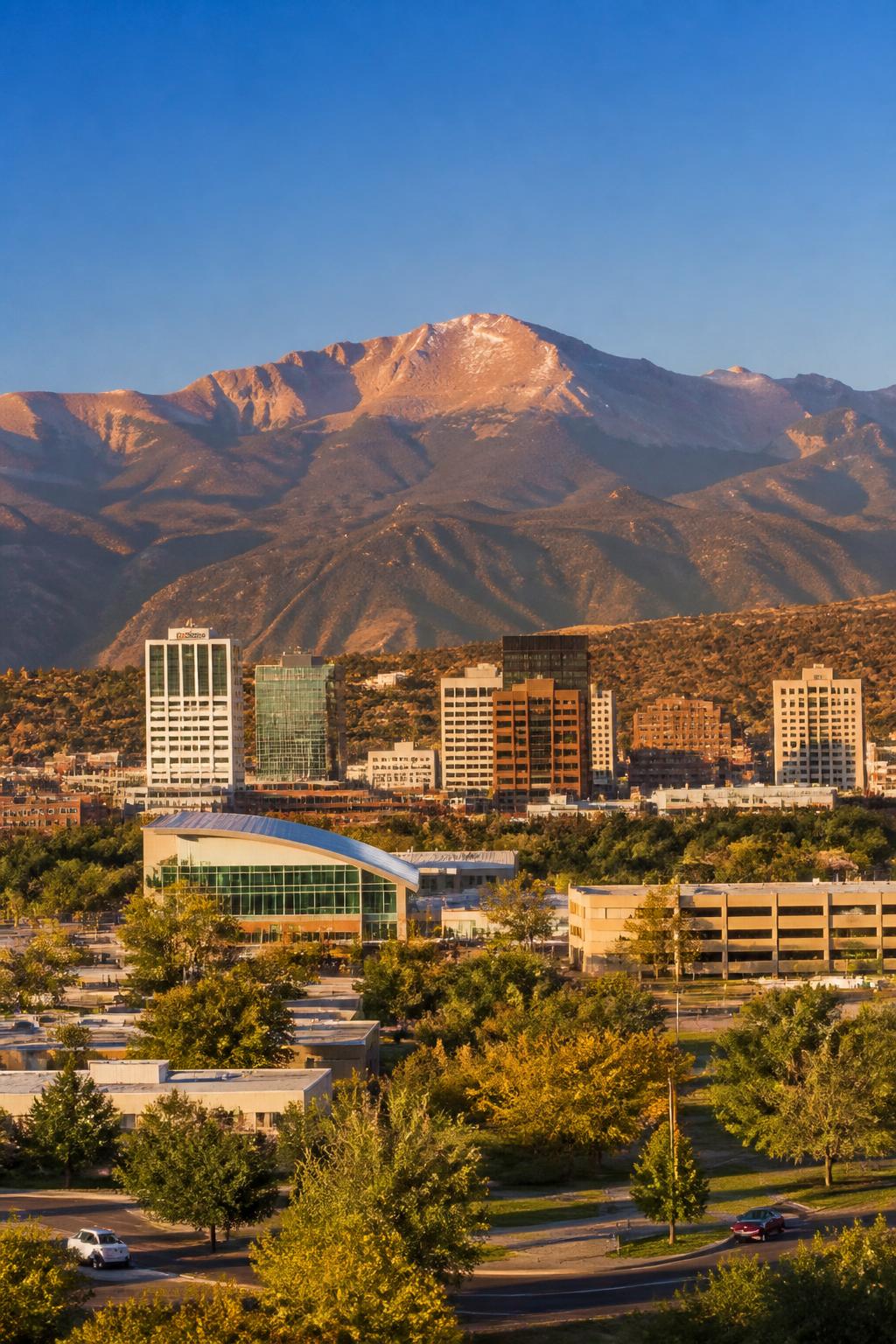 Colorado Springs downtown skyline with Pikes Peak